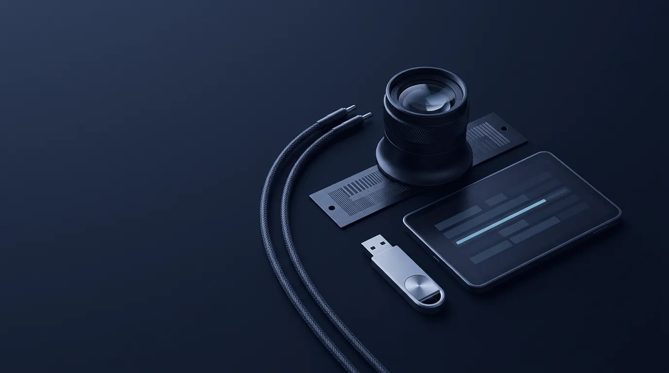Black magnifier on a grey plate, two braided cables, silver USB key and a tablet with one blue bar.
