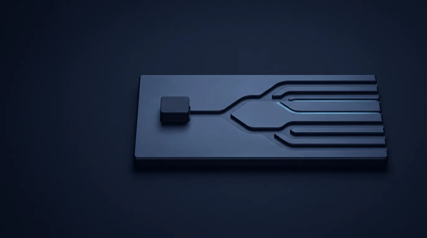 Grey model track splitting into several branches, one glowing blue, with a small matte block at the start.
