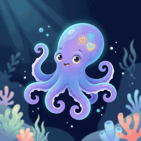 A purple octopus with three small glowing hearts.