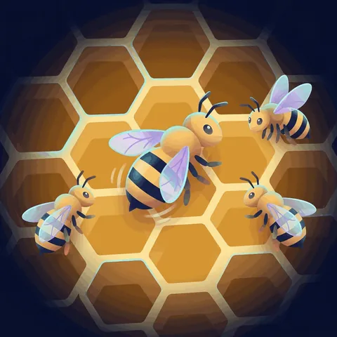 Honeybees dancing on a honeycomb.