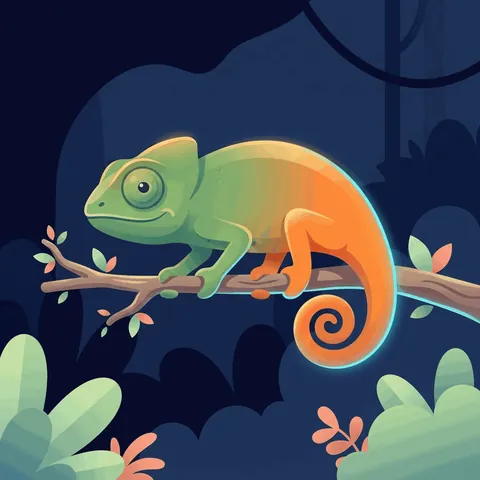 A chameleon on a branch, green at one end and orange at the other.