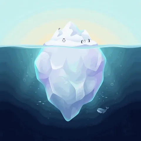 An iceberg with a small top above the water and a huge part below.