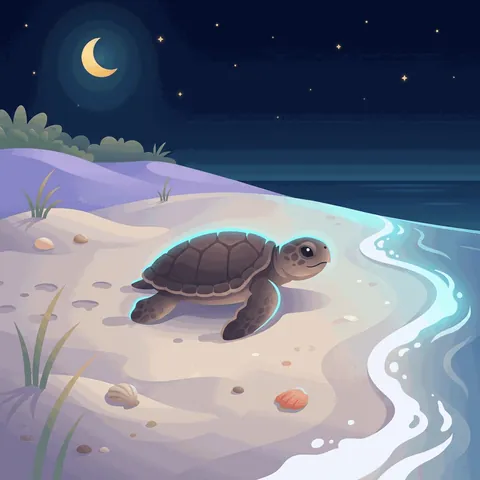 A sea turtle on a beach at night, near the waves.