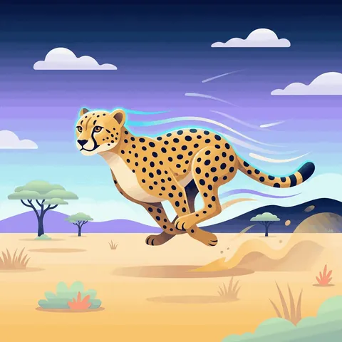 A cheetah running fast across the savanna.