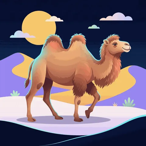 A two-humped camel walking across desert dunes.