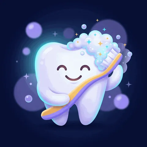 A smiling tooth brushing itself with a toothbrush.