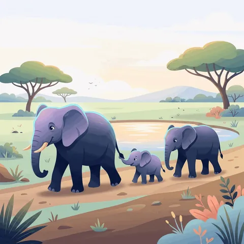 An elephant family walking together toward a waterhole.