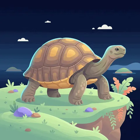 A giant tortoise walking slowly on a grassy island.