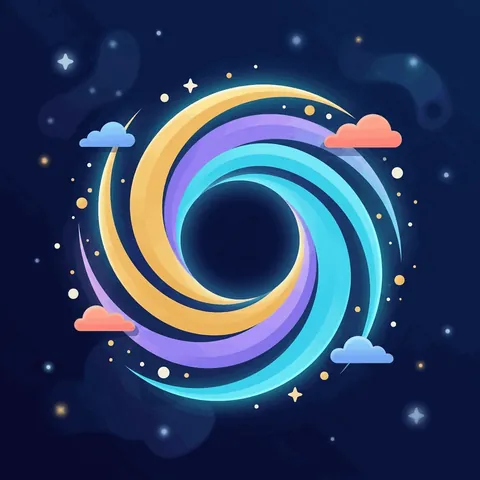 A swirl of light around a dark centre in space.
