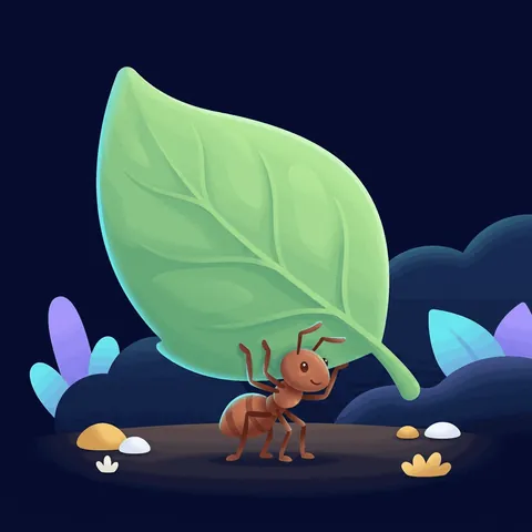 An ant carrying a leaf much bigger than itself.