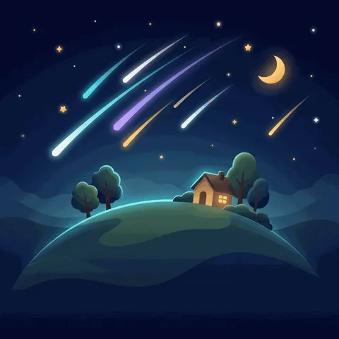 Shooting stars streaking across the night sky above a little house.