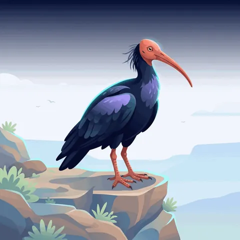 A dark bald ibis with a long curved beak, standing on a rock.