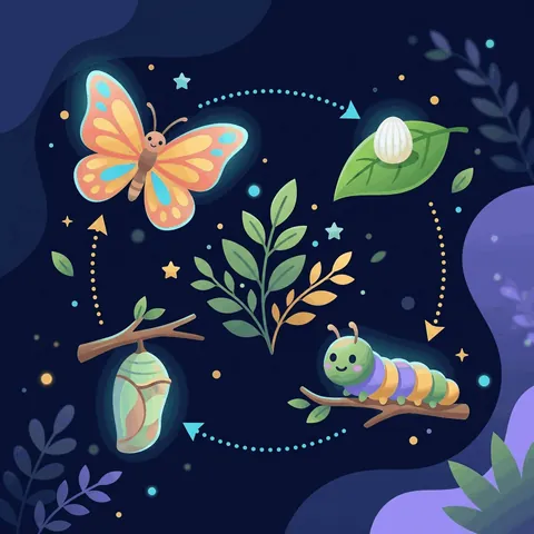 The butterfly life cycle in a circle: egg, caterpillar, chrysalis, butterfly.