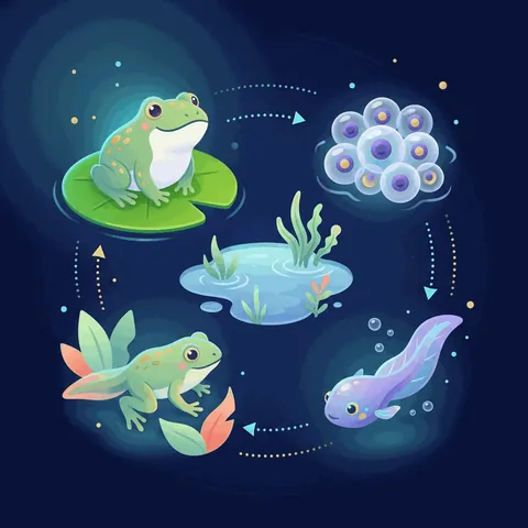 The frog life cycle in a circle: eggs, tadpole, froglet, frog.