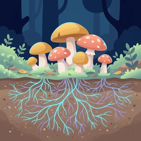 Mushrooms on the ground with thin threads spreading under the soil.