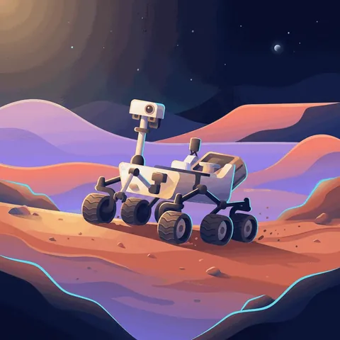 A small rover driving on the red ground of Mars.