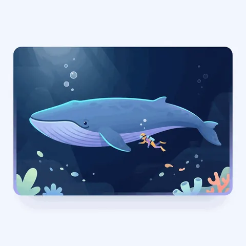 A huge blue whale with a tiny diver beside it.
