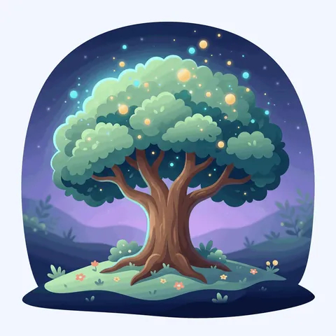 A big leafy tree glowing softly.