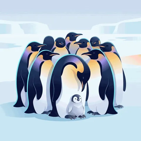 Emperor penguins huddled on the ice with a chick between a parent's feet.