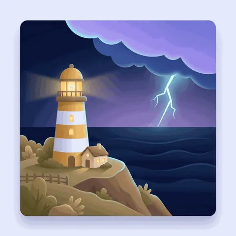 Lightning striking near a lighthouse during a storm.