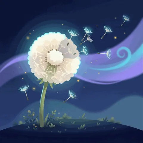 A dandelion clock with seeds flying away on the wind.