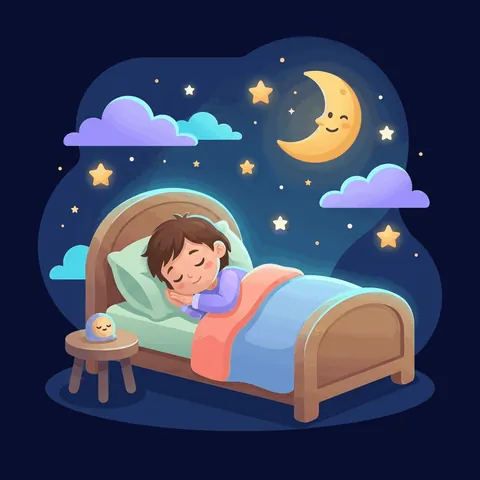 A child sleeping in bed under the moon and stars.