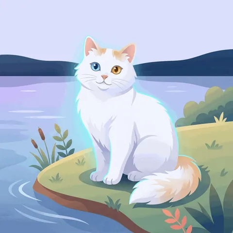 A white Van cat with one blue eye and one amber eye, by a lake.