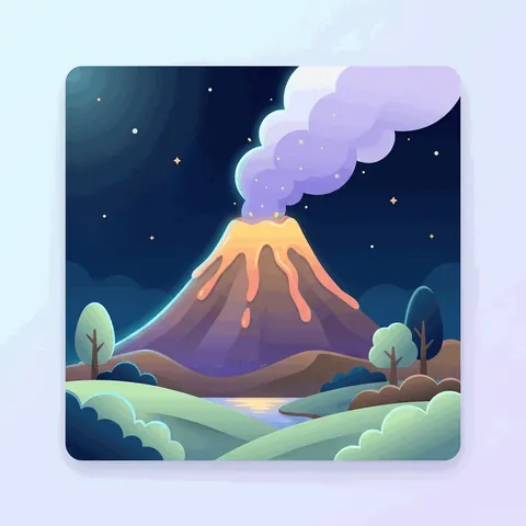 A volcano with glowing lava and a cloud of smoke.