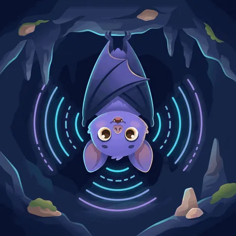A bat hanging upside down in a cave, with sound waves around it.