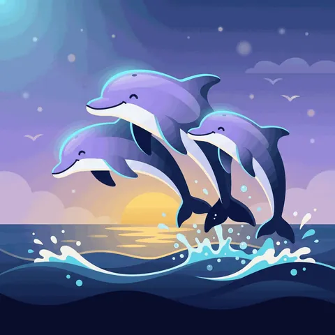 Three dolphins jumping out of the sea.