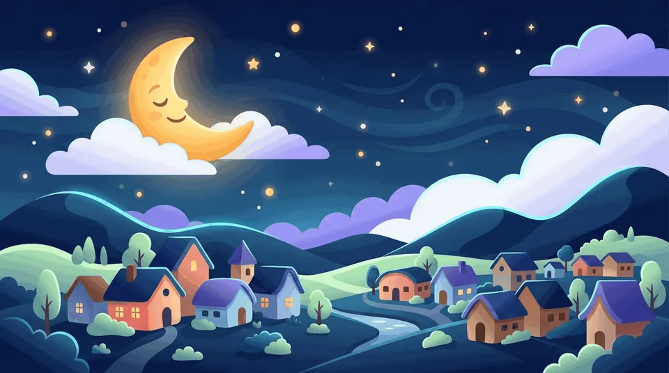 Gece, sessiz bir köyün üstünde uykulu bir ay