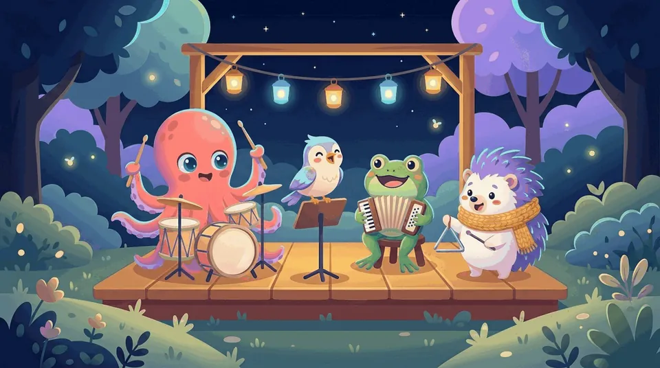 Bahçe sahnesinde Ritim ahtapot davul çalıyor, küçük orkestra ona eşlik ediyor