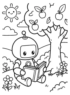 Colouring page preview: Piko reads under a tree