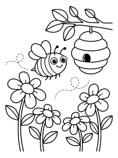 Colouring page preview: Bee and flowers