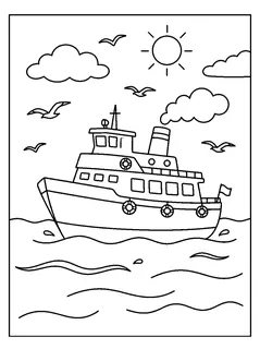 Colouring page preview: Ferry and seagulls